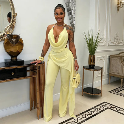 Fake two piece chiffon spliced hanging neck strap and ribbon jumpsuit pants
