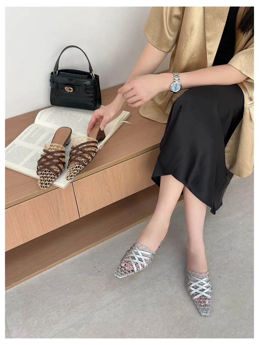 2026 Summer Luxury Fashion Designer Slippers Women Lace Mesh Square Toe Slip On Mule Slippers Low Heel Sandal Casual Shoes Muje