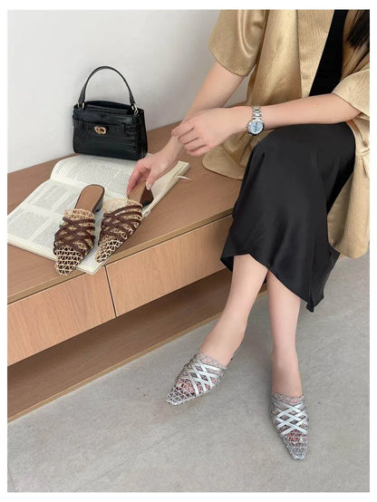 2026 Summer Luxury Fashion Designer Slippers Women Lace Mesh Square Toe Slip On Mule Slippers Low Heel Sandal Casual Shoes Muje