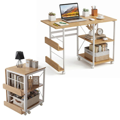 41inch Folding Computer Desk with Wheels, Space-Saving Mobile Home Office Writing Table, Storage Shelf, Side Organizer, Locking Rolling Casters