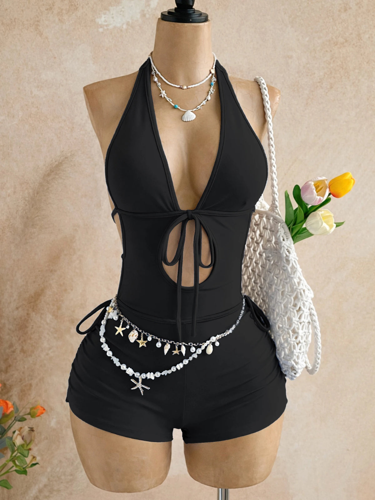Black Halter Neck Deep V Cutout Tie-Front One-Piece Shorts with Side Drawstring Beach Jumpsuit, Women's Slim Fit Sleeveless Halter Cutout Tight Short Jumpsuit Vacation Outfit