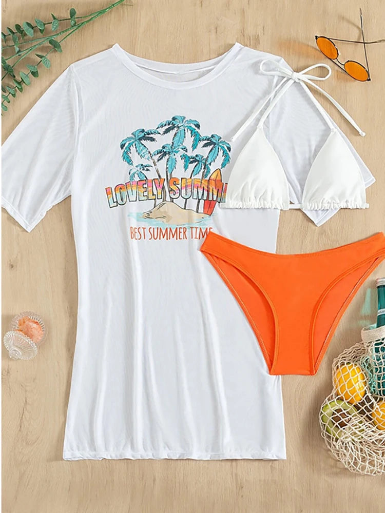 2026 New Tropical Print Three Pieces Bikini Set Thong Women Swimsuit with Cover Up Short Sleeve Biquini Swimwear Bathing Suit
