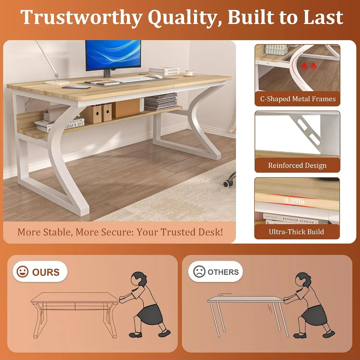 Computer Desk, 55x24 in Computer Desk, Office Desk w/Storage & U-Size Metal Frame for Home Office Bedroom Gaming, Office Desk w/Water-Resistant, Scratchproof Surface, Light Walnut