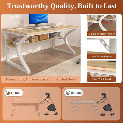 Computer Desk, 55x24 in Computer Desk, Office Desk w/Storage & U-Size Metal Frame for Home Office Bedroom Gaming, Office Desk w/Water-Resistant, Scratchproof Surface, Light Walnut