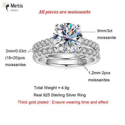 3CT Moissanite Bridal Rings Set with Certificate D Color Diamond Engagement Ring 925 Sterling Silver Wedding Band for Women