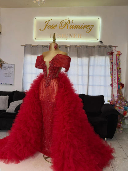 Charm Red Ruffled Tulle Maxi Skirts Puffy A-line Ruffle Layered Party Evening Ball Gown Skirt High Waist Detachable Overskirt