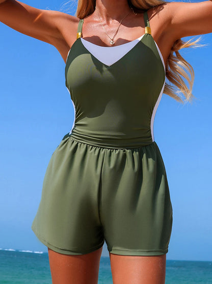 One Piece Contrast Swimwear 2026 New Women Sports Swimsuit With Shorts Female Bathers Bathing Swimming Bodysuit Beach Summer 2XL