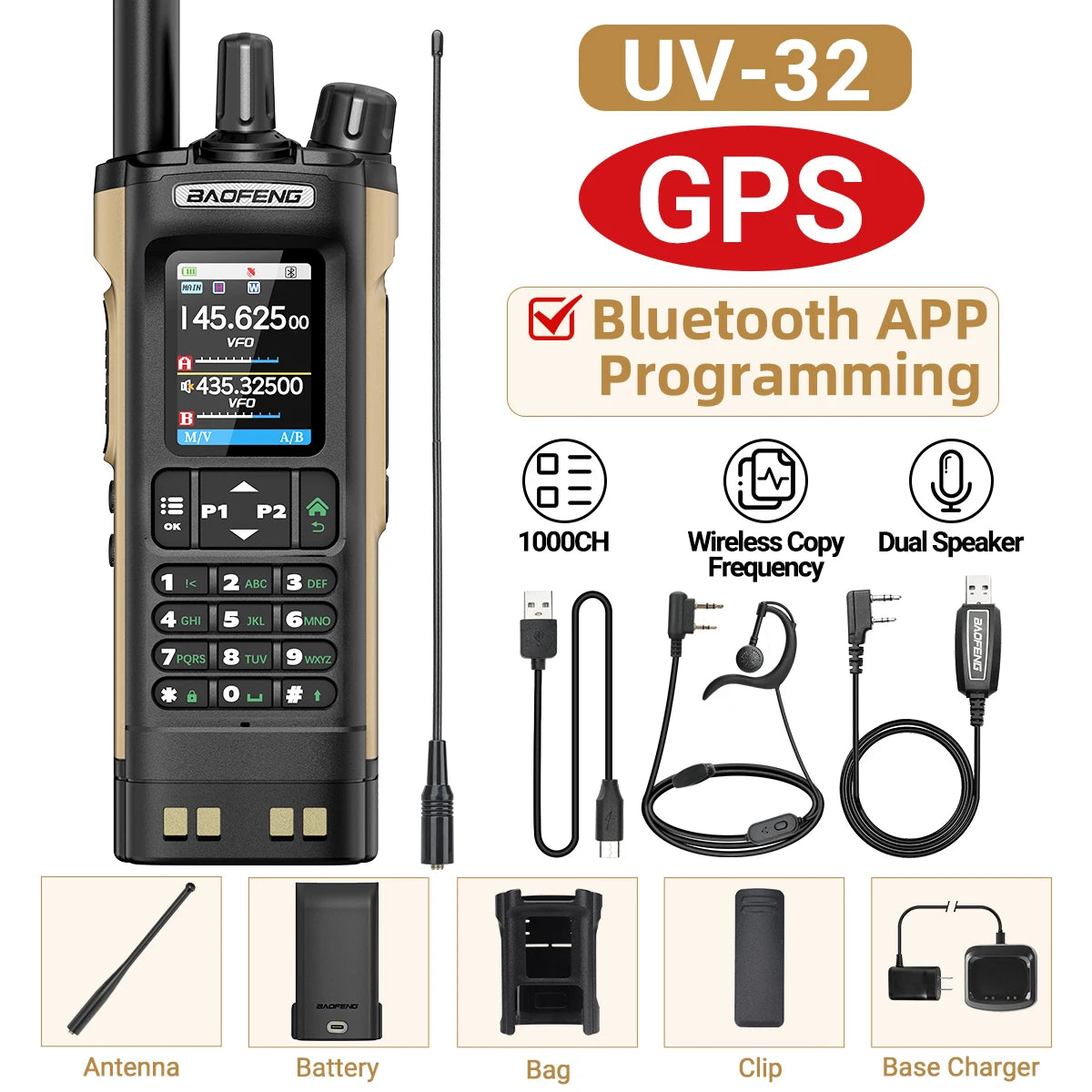 BAOFENG UV-32 Walkie Talkie GPS Multi Band 10W Bluetooth Wireless Programming Copy Frequency 1000CH Long Range Ham Two Way Radio
