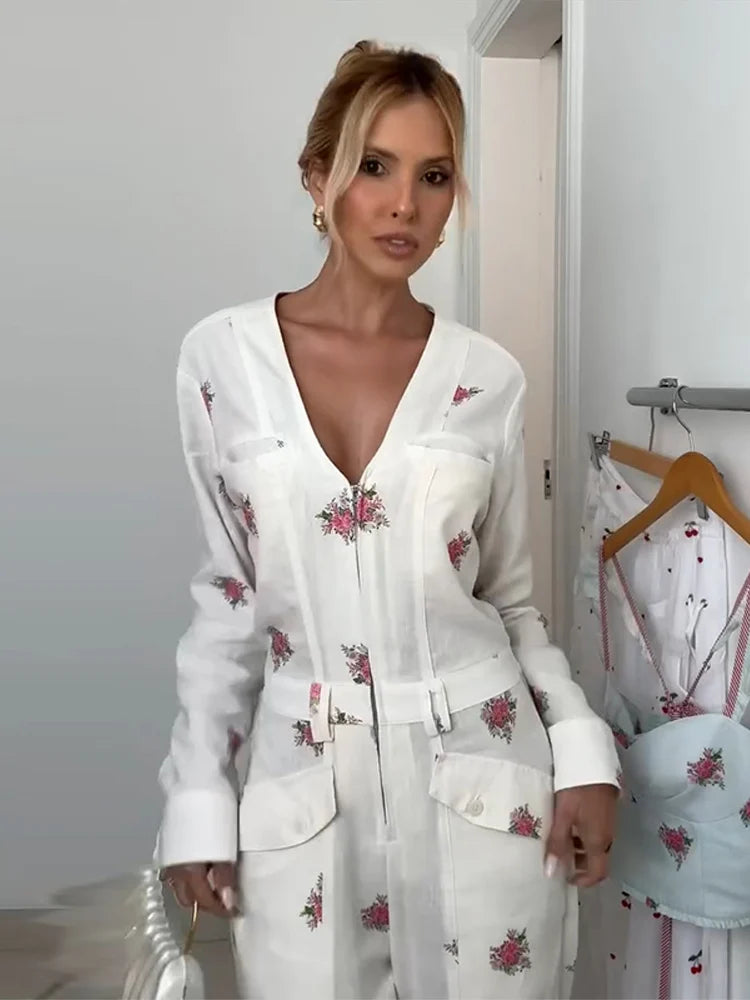 Elegant Print Women Jumpsuits Fashion Long Sleeve V-neck Zippers Female Overalls 2026 Summer Autumn All-match Lady Outfit New