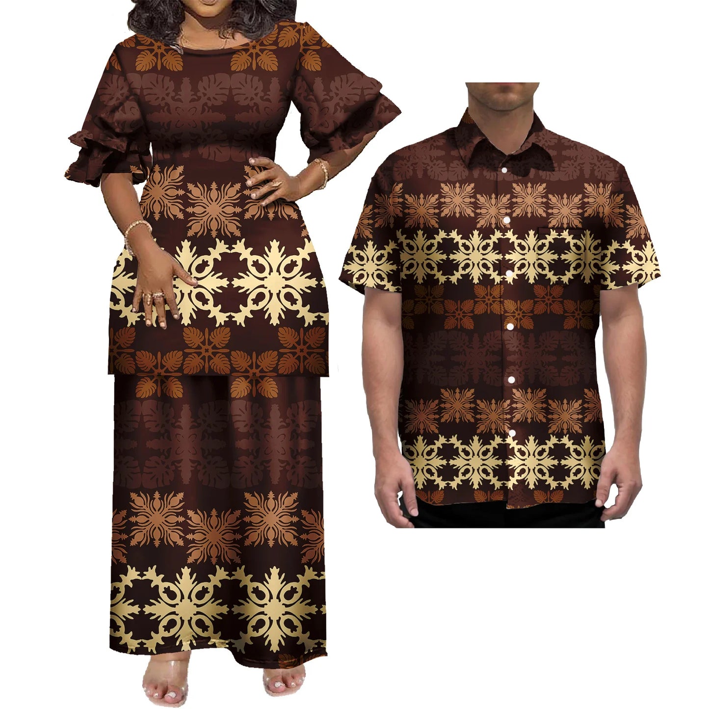 New Wholesale Custom Polynesian Tribal Design Petal Sleeve Samoan Puletasi Set Ptaha Plus Size Women 2 Piece Outfits Sets Dress