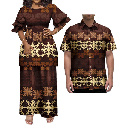 New Wholesale Custom Polynesian Tribal Design Petal Sleeve Samoan Puletasi Set Ptaha Plus Size Women 2 Piece Outfits Sets Dress