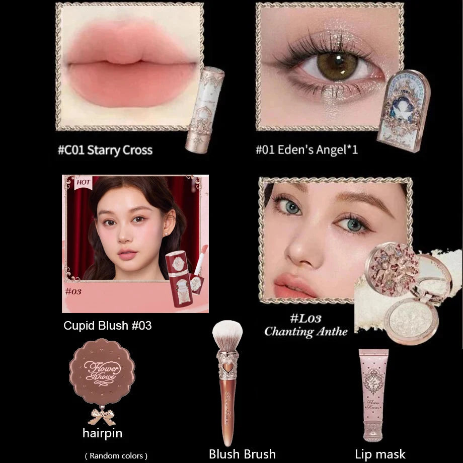 Flower Know Little Angel Collection Makeup Gift Box Eyeshadow Blush Cream Matte Lipstick Highlighter Full Kit All In One