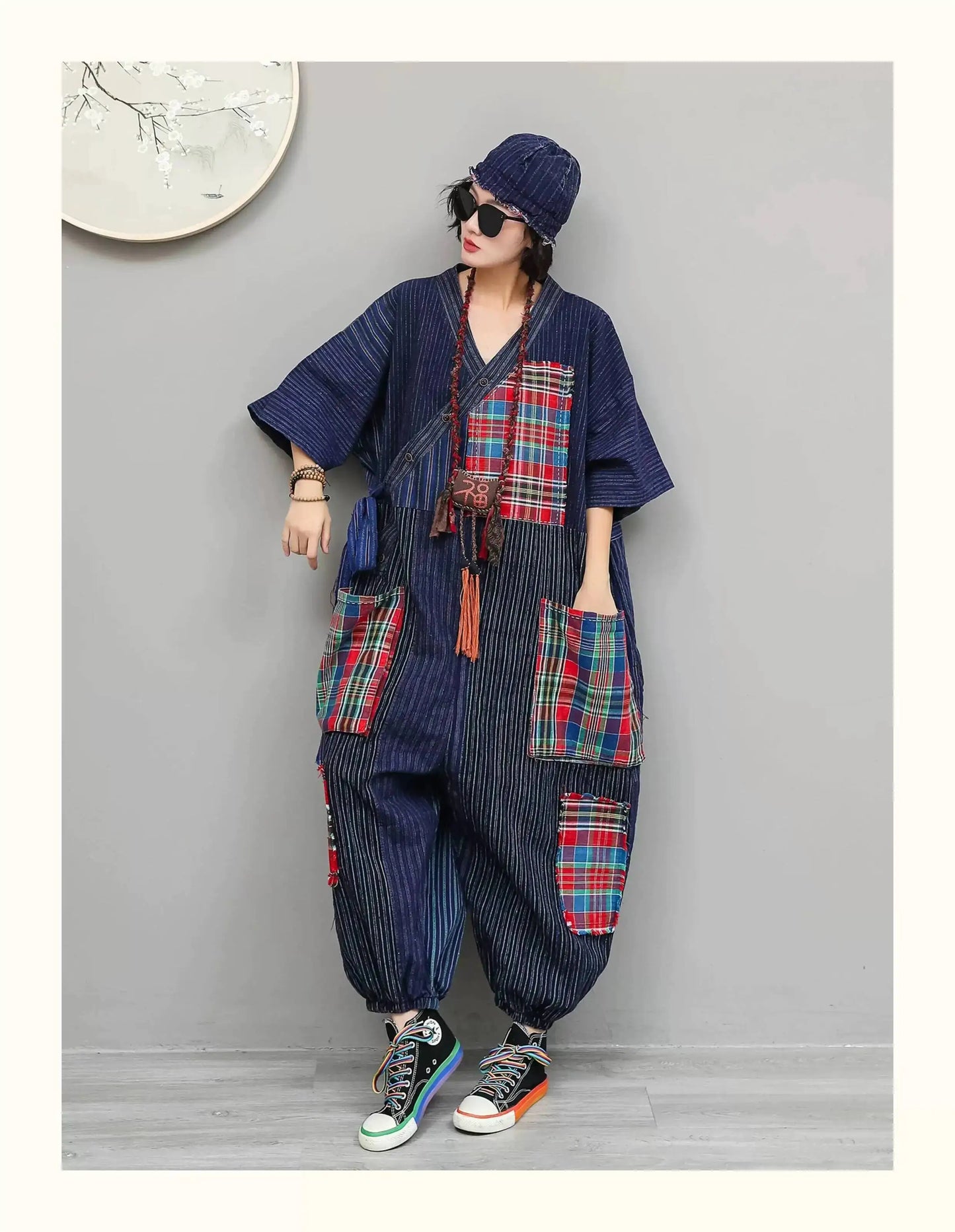 Women Plaid Jumpsuit Loose Wide Legs Short Sleeves Diagonal Buttons Straps Jumpsuit LX6229
