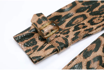 2102 High-quality Spring And Autumn Snake Skin Leopard Print Long Sleeved Leather Belt Temperament Coat Women's Trench Coat