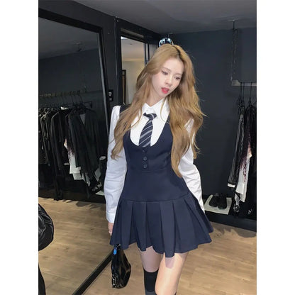 Japan And Korea College Style Jk Set Women's Long Sleeve Shirt Pleated Skirt Strap Dress Set Two Piece Set School Jk Uniform
