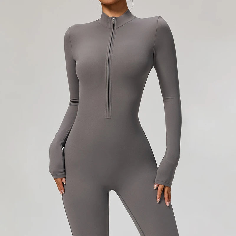 TRY TO BN Women's Jumpsuit Long Sleeve Zipper Shapewear Bodysuit Yoga Fitness One Piece Tights Gym Clothing Mono Deportivo Mujer