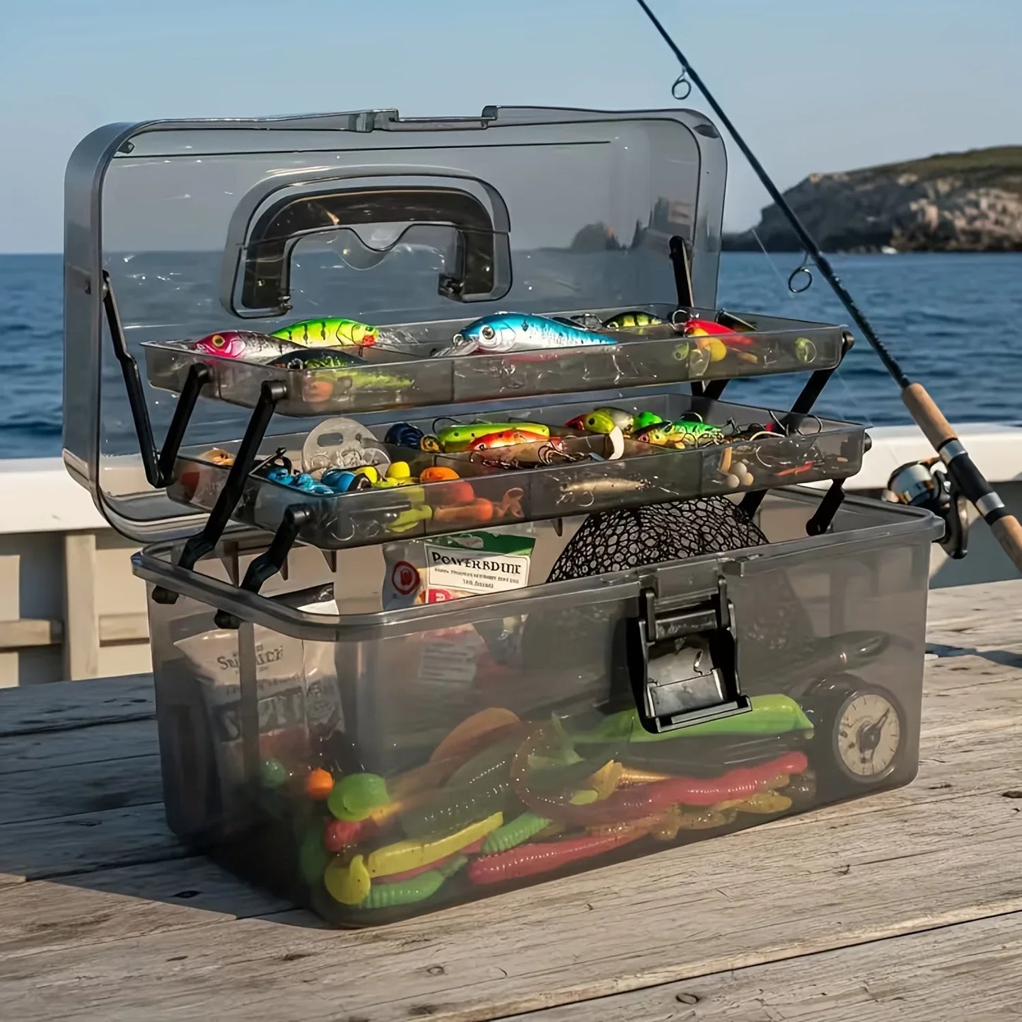 Durable PE Fishing Gear Box | Large Capacity, Black Transparent Design | Built-in Lock, Heavy-duty