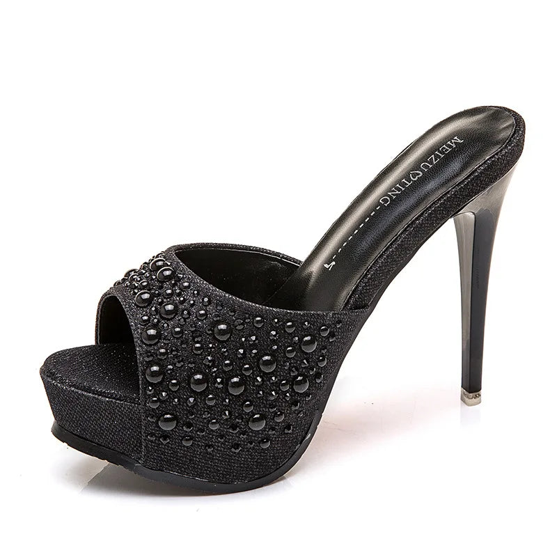 Women Crystal Slippers 2024 New Fashion Platform 12CM Thin High Heels Designer Slides Sandals Luxury Rhinestones Summer Shoes