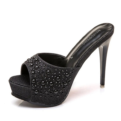 Women Crystal Slippers 2024 New Fashion Platform 12CM Thin High Heels Designer Slides Sandals Luxury Rhinestones Summer Shoes