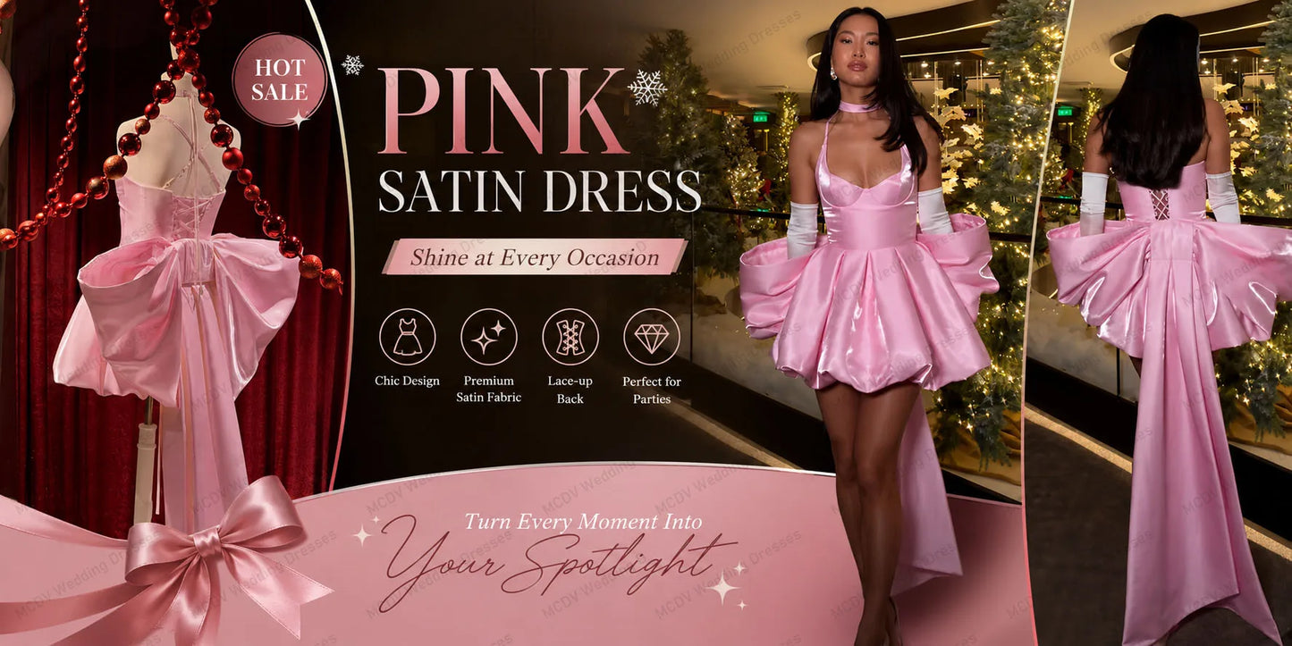 Shiny Short Pink Prom Dress Bow Back Spaghetti Strap Mini Party Dresses A-Line Satin Birthday Dress For Woman 2026 Customized