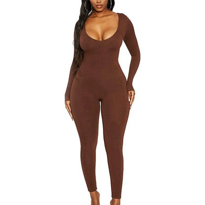 Spring and Summer New Women's Jumpsuit Long Sleeve Solid Color Skinny Jumpsuit Fashion Sports Fitness Jumpsuit Pullover