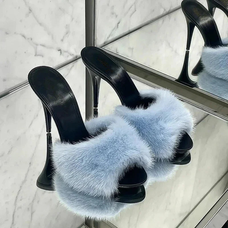 Mink fur high heels for women, slim heels, summer new style, open toe slippers, sexy fish mouth leather party sandals for women