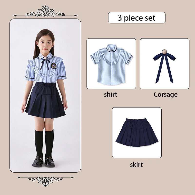 3 Pcs/set British Style Children Summer School Uniform Student Girl Pleated Skirts JK Suit Boys Shirt Shorts Performance Costume