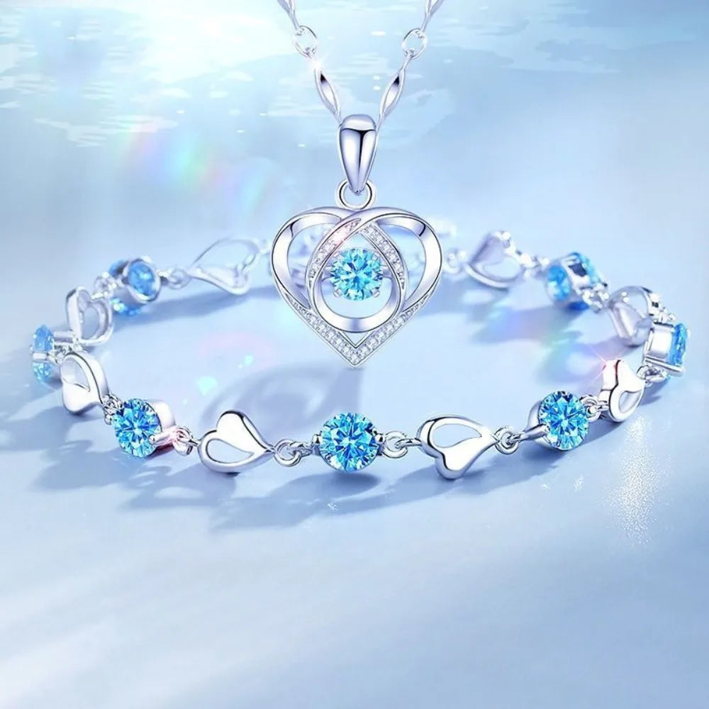 925 Sterling Silver Heart Shaped Necklace Bracelet Set for Women Vintage Korean Crystal Bracelets High Quality Set Party Jewelry