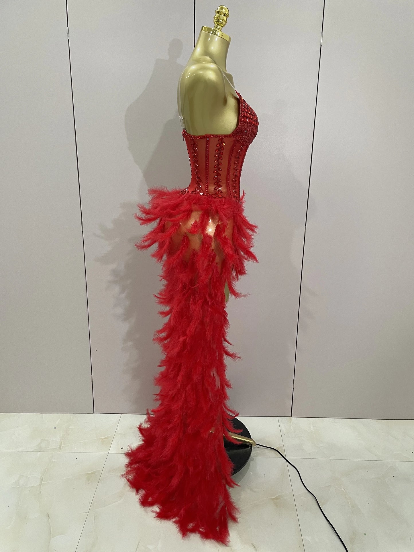 Sparkly Rhinestones Feathers Long Tail Bodysuits Sexy Mesh Transparent Stage Dress Evening Party Celebrate Luxury Birthday Dress