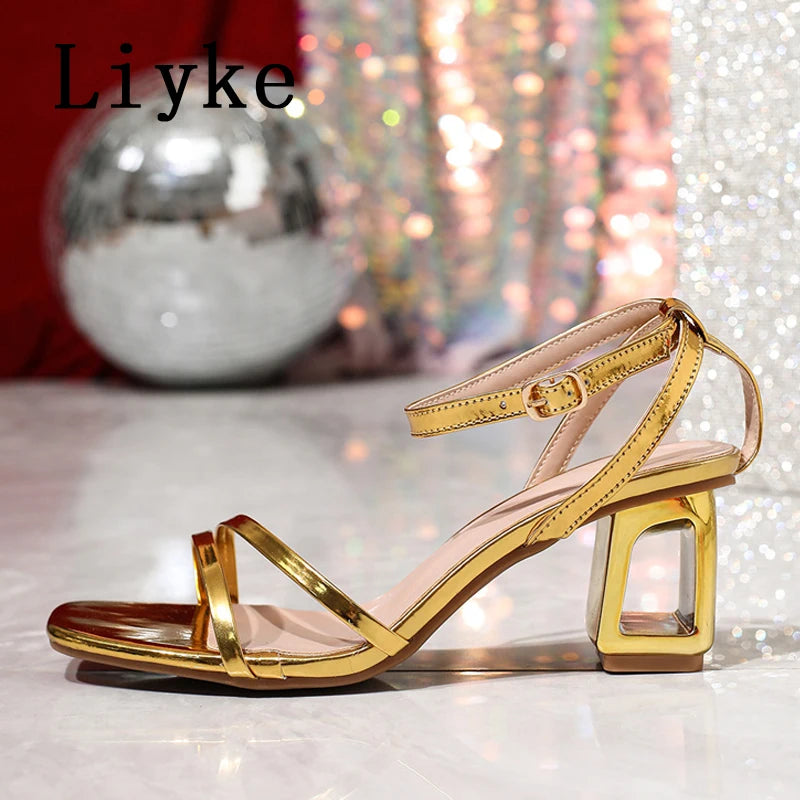 Liyke Sexy Gold Ankle Strap Sandals Women Summer Square Toe Buckle Strap Shoes Fashion Fretwork Strange High Heels Zapatos Mujer