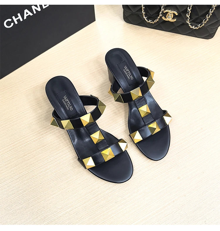 Women's Heels Sandals Gladiator Summer Luxury Brand Designer Rivets Open Toe Slipper Slingbacks Comfortable Ladies Shoes Women