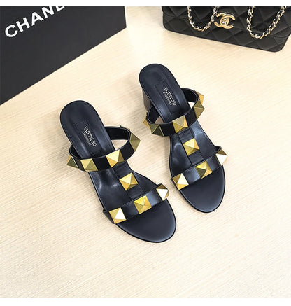 Women's Heels Sandals Gladiator Summer Luxury Brand Designer Rivets Open Toe Slipper Slingbacks Comfortable Ladies Shoes Women
