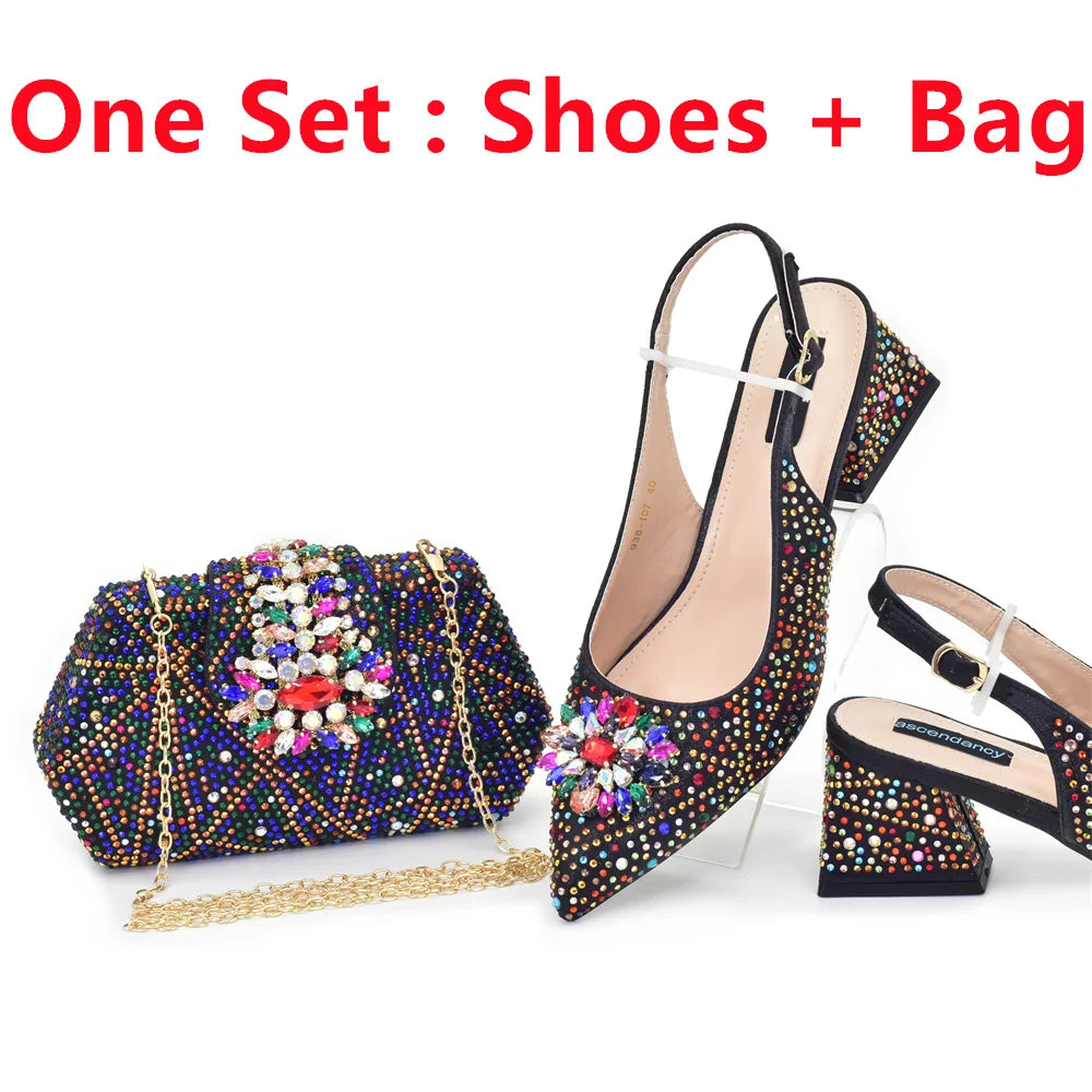 New Fashion Italian Design Rhinestone Pointed-Toe High Heel Shoes & Matching Bag Set Shoe and Bag Set for Nigeria Party Italy