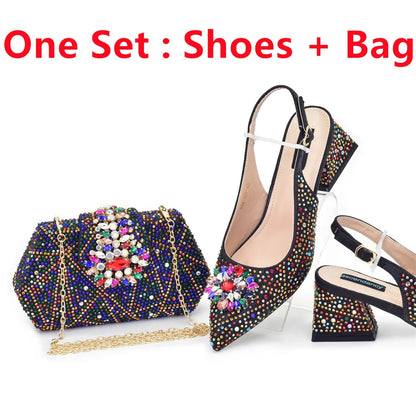 New Fashion Italian Design Rhinestone Pointed-Toe High Heel Shoes & Matching Bag Set Shoe and Bag Set for Nigeria Party Italy