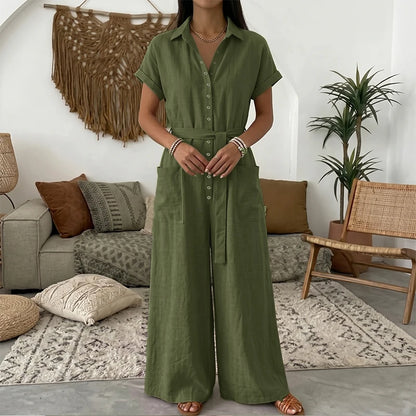 Plus Size VONDA Summer Vacation Style Jumpsuits Women Elegant Solid Color Long Overalls Short Sleeve Elegant Belts Playuits