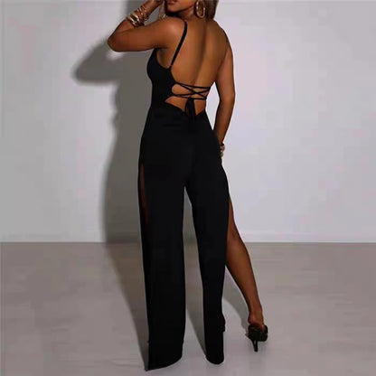 Summer New Fashion Y2K Solid Color Slit Long Pants Backless Strap Gothic Dark Style Women's Jumpsuit