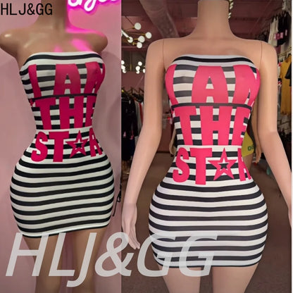 HLJ&GG Trend Sexy Stripes Letter Print Bodycon Mini Tube Dresses Women Off Shoulder Backless Slim Vestidos Fashion Streetwear