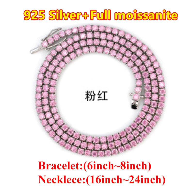 Hiphop 3-4mm Golden Yellow Moissanite Tennis Chain Bracelet Necklace S925 Silver Blue Moissanite Tennis Mecklace