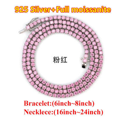 Hiphop 3-4mm Golden Yellow Moissanite Tennis Chain Bracelet Necklace S925 Silver Blue Moissanite Tennis Mecklace