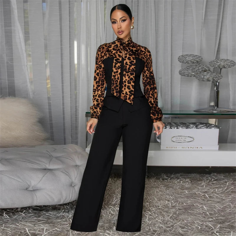 Doyerl Leopard Patchwork Shirt Style Jumpsuits Woman Elegant Vintage Long Sleeve High Waist One Piece Rompers Women Jumpsuit