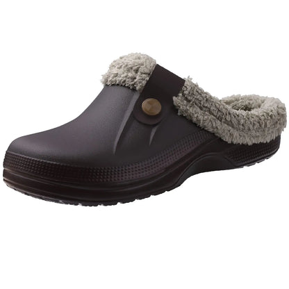 Shevalues Fuzzy Men Clogs Slippers Winter Fur Men Slippers Waterproof Garden Shoes Men Warm House Shoes Anti-slip Fur Slippers