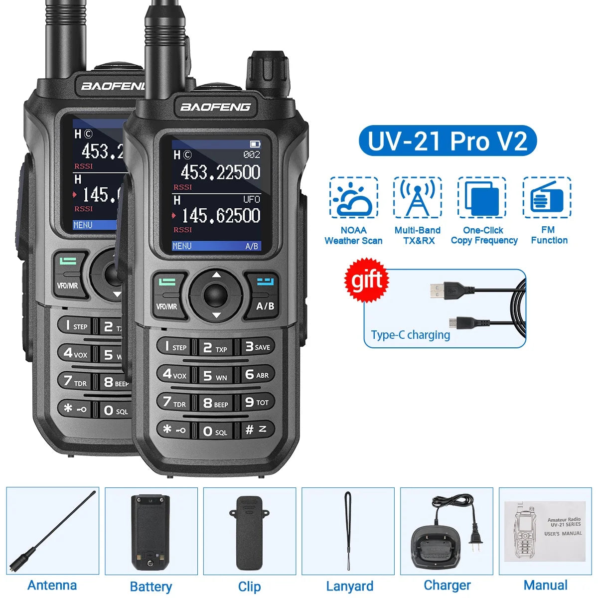 2PCS Baofeng UV-21 Pro Walkie Talkie Multi Band Wireless Copy Frequency Long Range 999CH AM High Power UV 5R K6 5RH Ham Radio