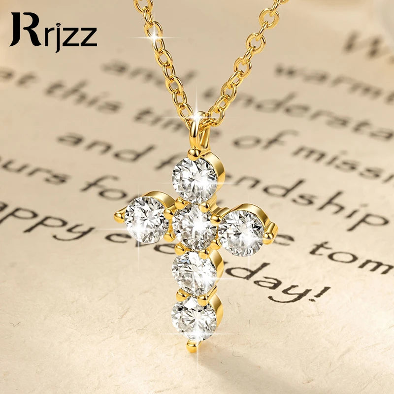 Rrjzz D-Color Moissanite Cross Pendant Necklace for Women VVS1 GRA Lab Imitation Diamond Dainty Necklace Faith Jewelry Gifts