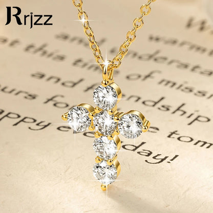 Rrjzz D-Color Moissanite Cross Pendant Necklace for Women VVS1 GRA Lab Imitation Diamond Dainty Necklace Faith Jewelry Gifts