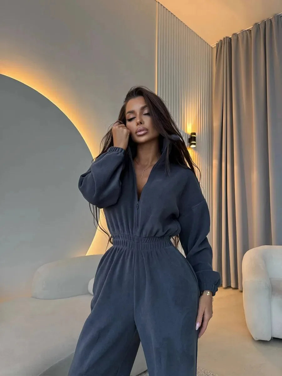 FSMG Casual Long Sleeve Half-Zip Sports Jumpsuits Women's Solid Loose Lapel Elastic Waist Tracksuits Comfy One-Piece Lounge Set