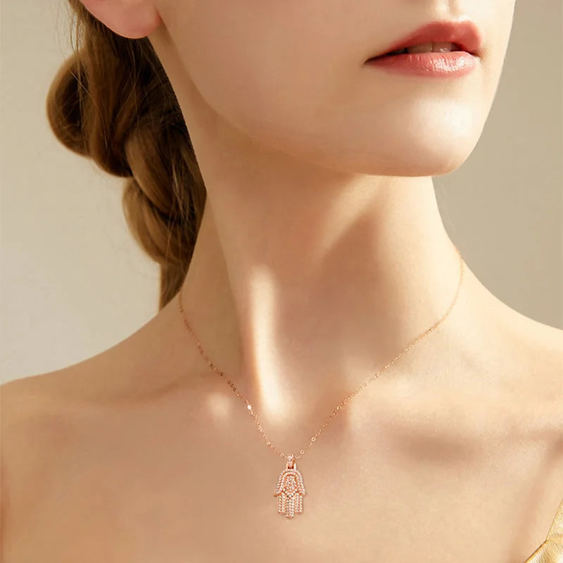 EWYA Hamsa Hand Full 0.9mm Moissanite Pendant Necklace for Woman Men 925 Silver Pass Diamond Test Hip Hop Fine Neck Jewelry Gift