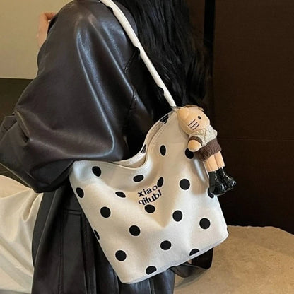 Korean Style Niche Linen Dot Shoulder Bag Women New Fashion Large Capacity Bucket Bag Casual Versatile Commuting Underarm Bag