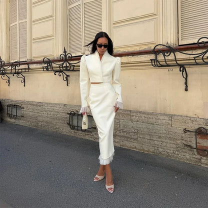 White Women's mesh two piece set Puff Sleeve V Neck blazer two piece dress set Daily Commuter Party  Outfit 2026 Summer Style