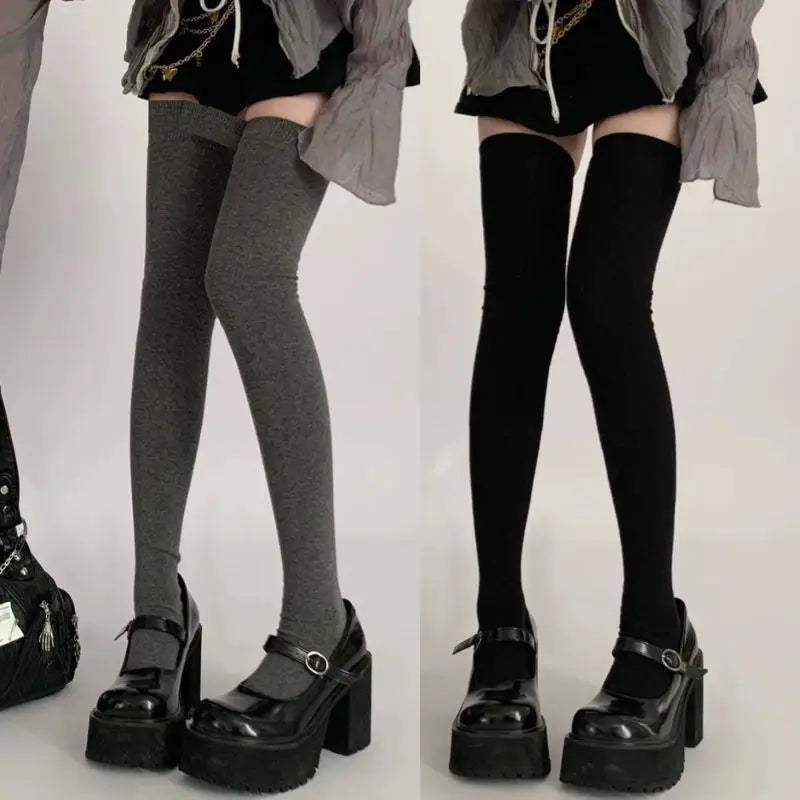 1pair Women Cotton Over Knee High Socks 80cm Lengthened High Over Knee Stockings Black White Soild Color Long Warm Knee Socks