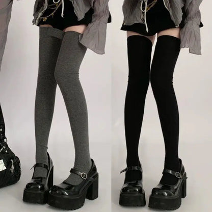 1pair Women Cotton Over Knee High Socks 80cm Lengthened High Over Knee Stockings Black White Soild Color Long Warm Knee Socks